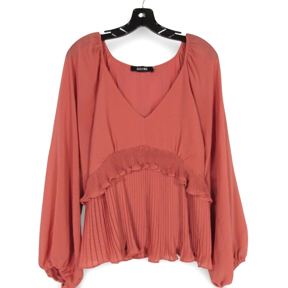 DO+BE Rust Orange CREPE V-Neck PLEATED & RUFFLES Bishop Sleeves BLOUSE/TOP Sz M